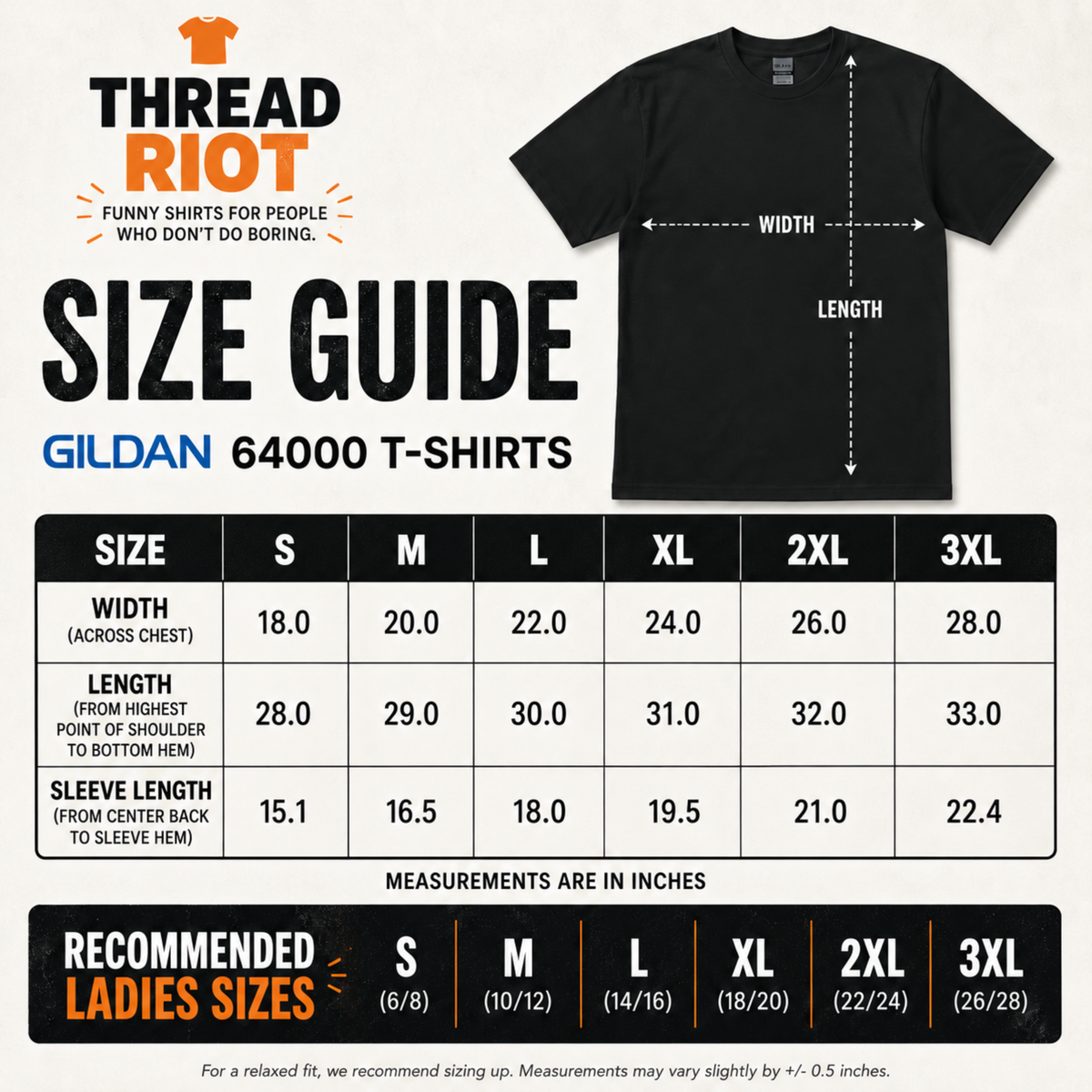 Thread Riot size guide for Gildan 64000 T-shirts, sizes S to 3XL