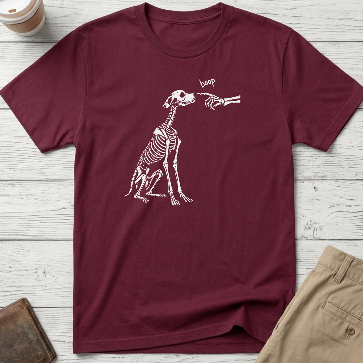 Funny dog skeleton boop T-shirt in maroon – Thread Riot