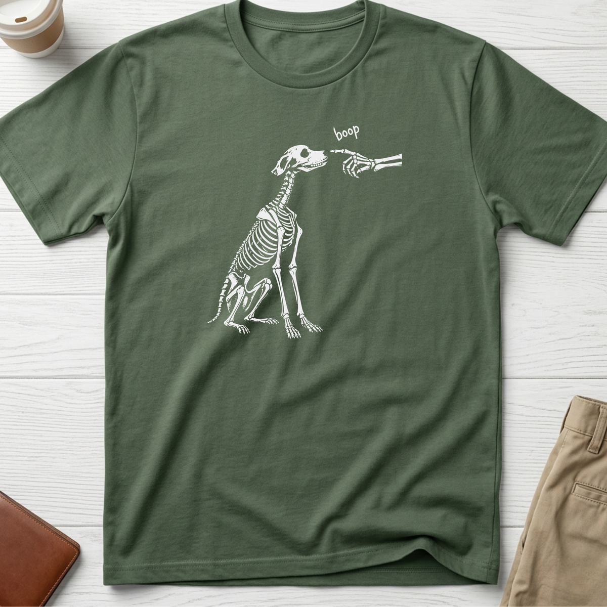 Funny dog skeleton boop T-shirt in military green – Thread Riot
