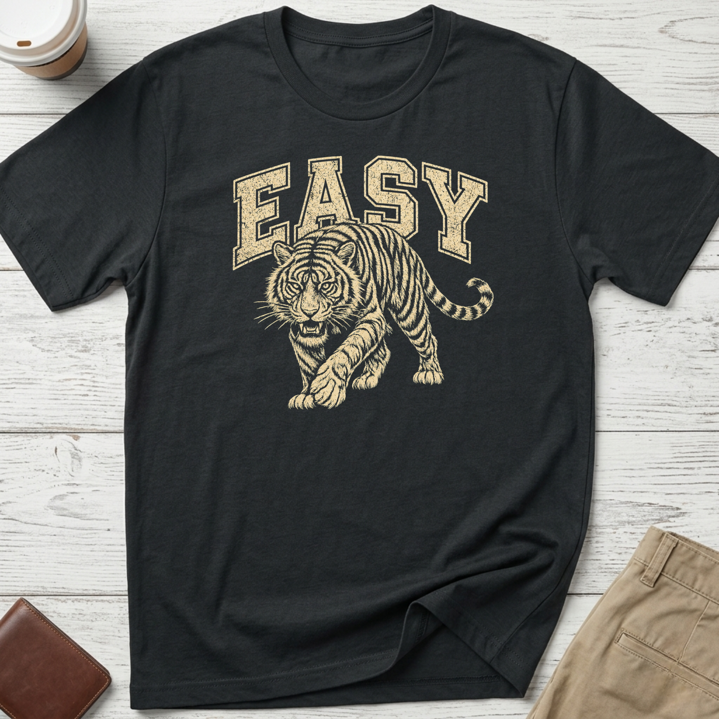 Easy Tiger graphic t-shirt featuring a vintage-style prowling tiger illustration with retro collegiate lettering on black unisex tee.
