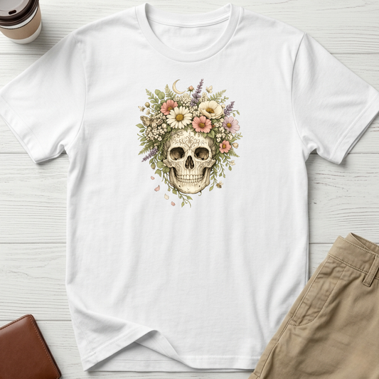 Floral Skull graphic t-shirt featuring a vintage skull surrounded by blooming wildflowers and botanical elements on a white unisex tee.