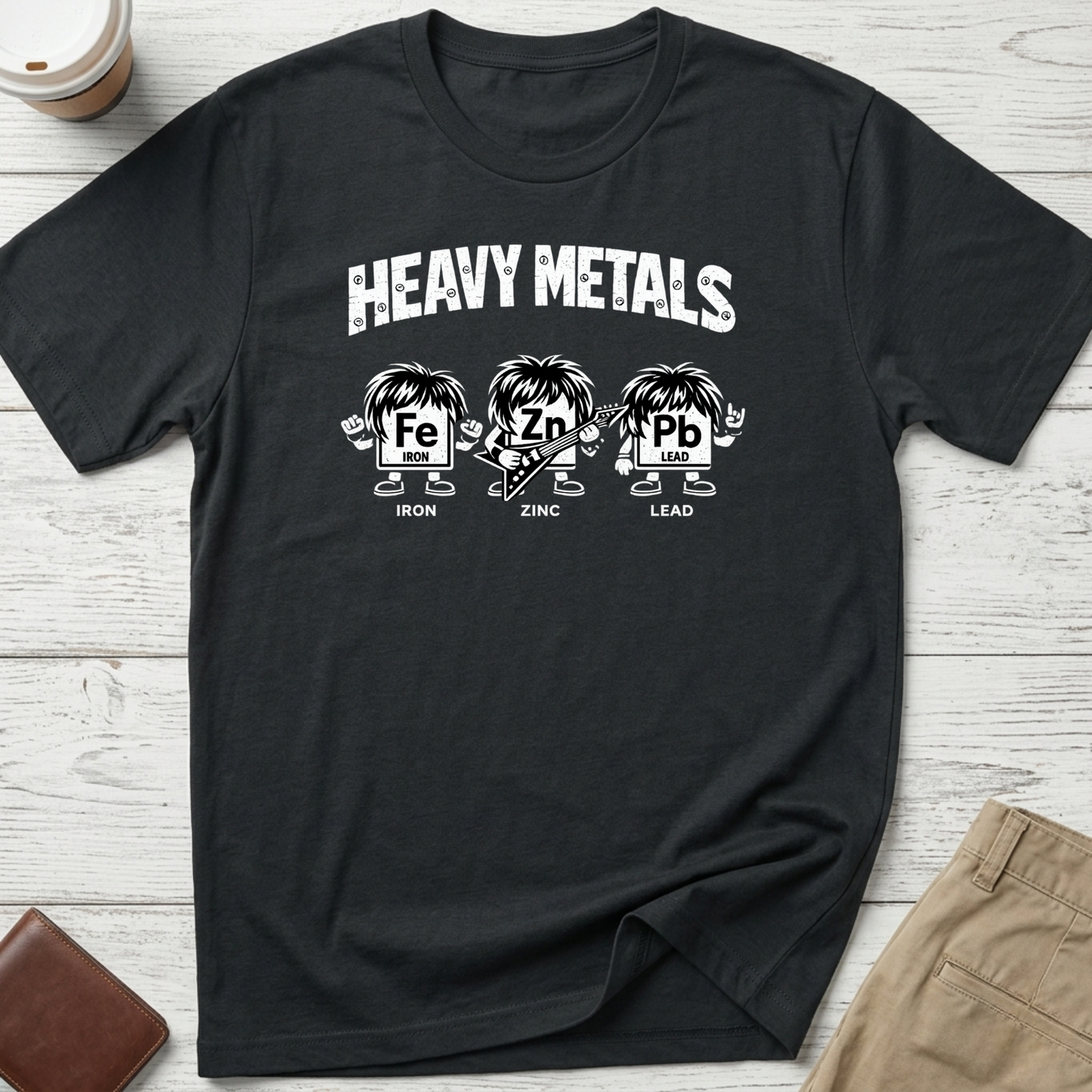 Heavy Metals funny graphic t-shirt featuring Iron, Zinc and Lead characters in a rock band parody design on black unisex tee.