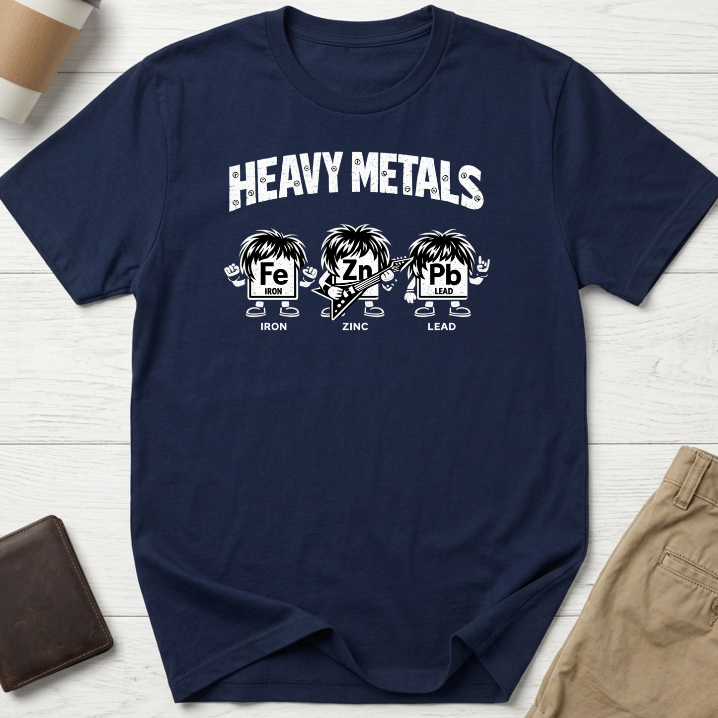 Heavy Metals funny graphic t-shirt featuring Iron, Zinc and Lead characters in a rock band parody design on navy unisex tee.