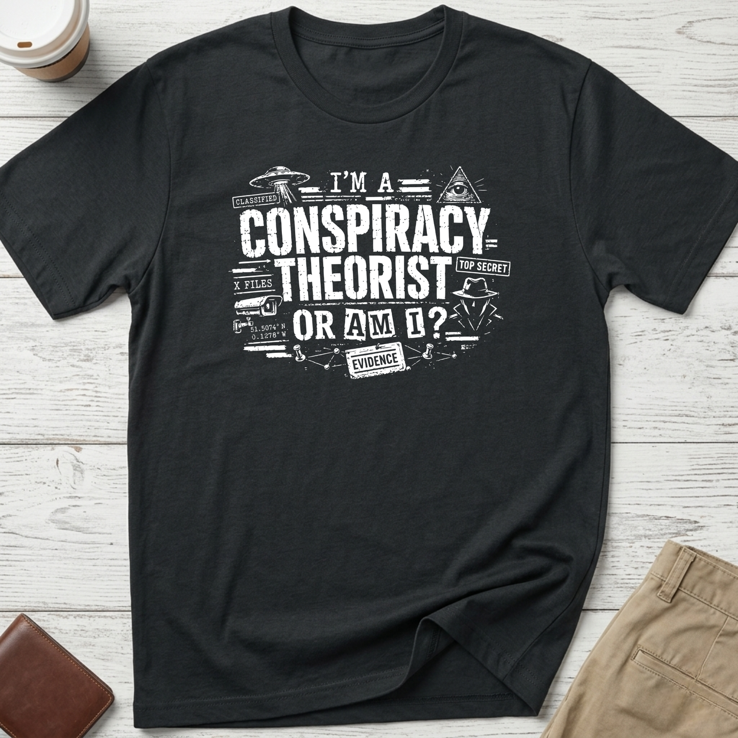 I'm A Conspiracy Theorist Or Am I graphic t-shirt featuring UFOs, classified files, secret agent artwork and distressed typography on a black unisex tee.