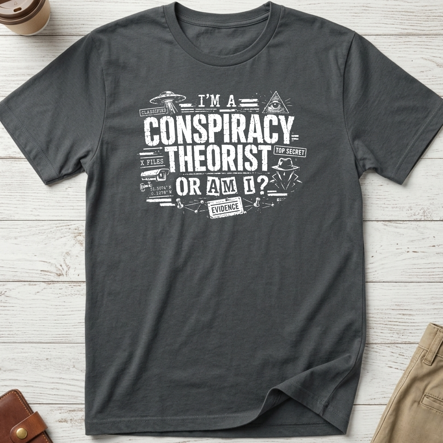 I'm A Conspiracy Theorist Or Am I graphic t-shirt featuring UFOs, classified files, secret agent artwork and distressed typography on a grey unisex tee.
