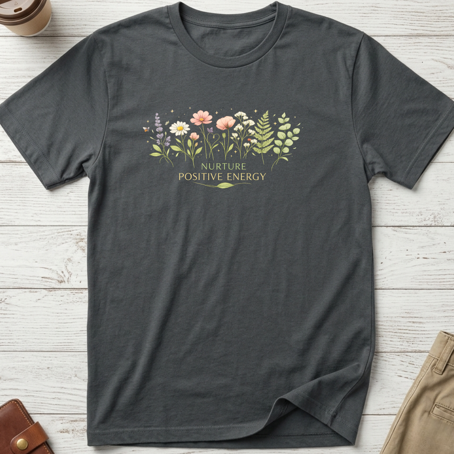 Nurture Positive Energy graphic t-shirt featuring elegant botanical wildflowers and inspirational typography on a charcoal unisex tee.