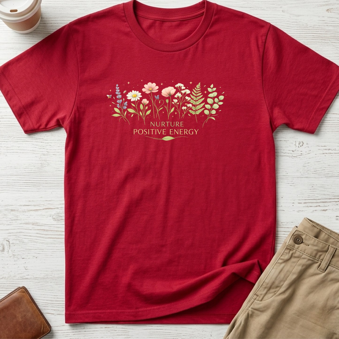 Nurture Positive Energy graphic t-shirt featuring elegant botanical wildflowers and inspirational typography on a red unisex tee.