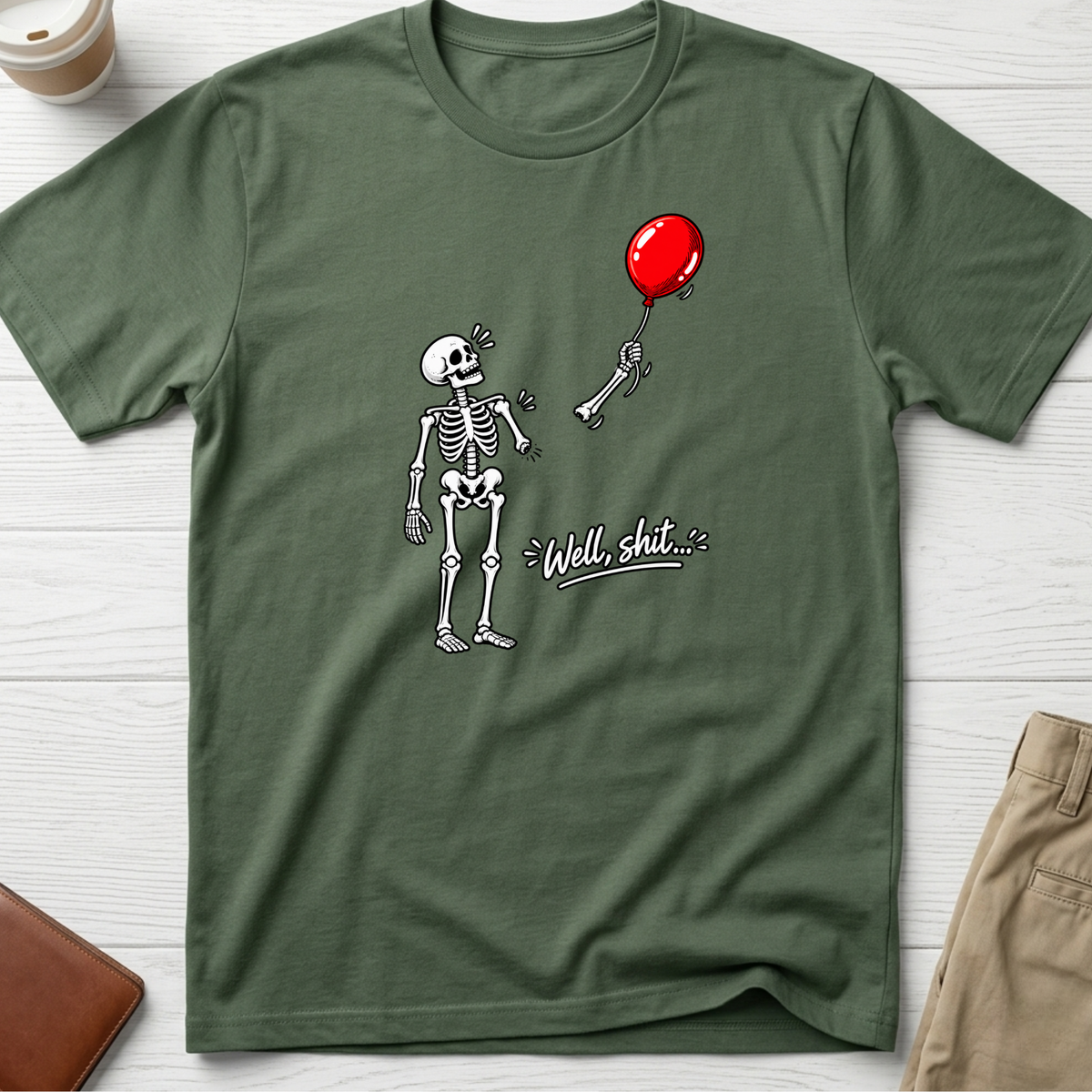 Skeleton balloon T-shirt in military green – Thread Riot