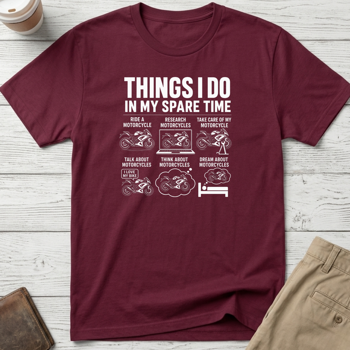 Things I Do In My Spare Time funny motorcycle T-shirt in maroon – Thread Riot
