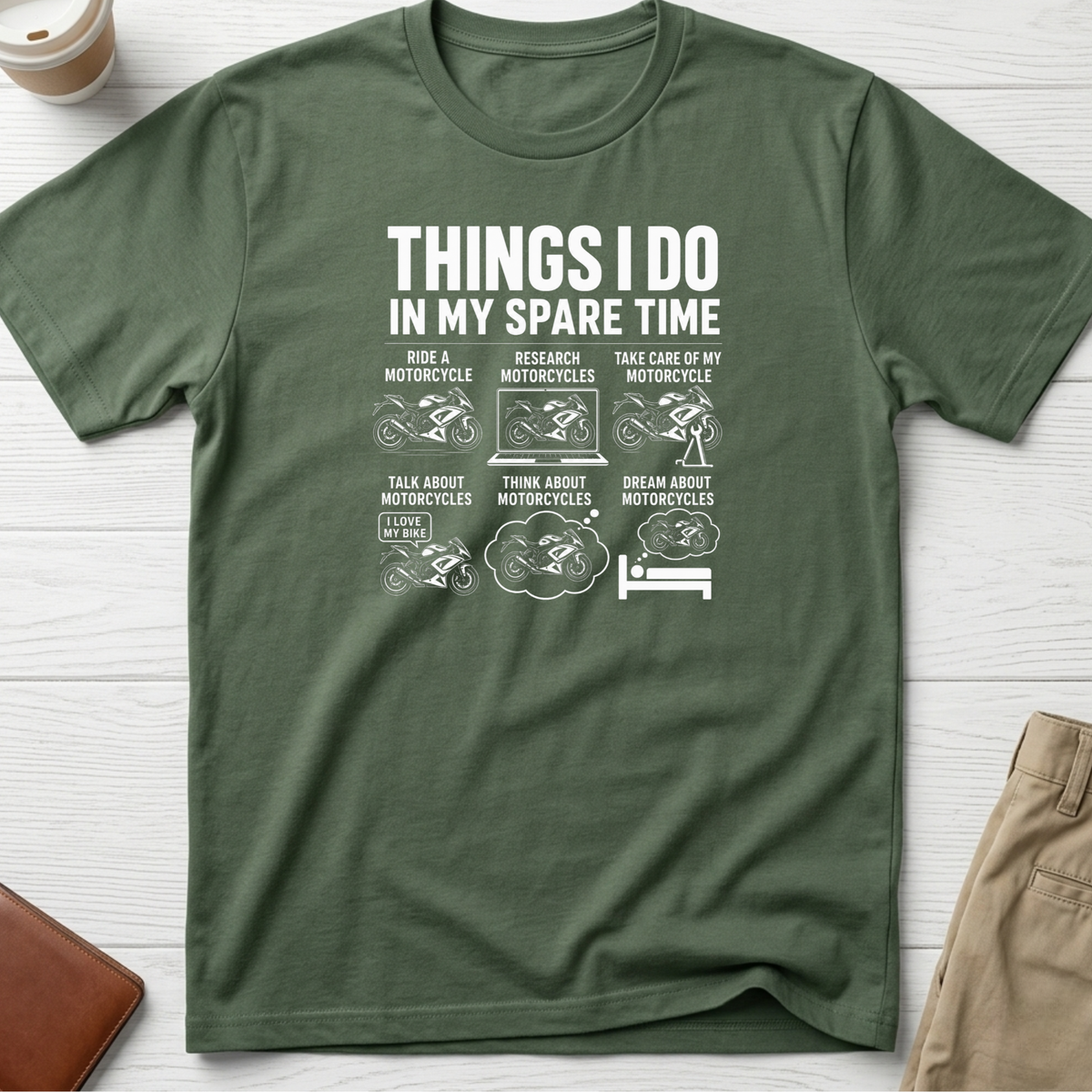 Things I Do In My Spare Time funny motorcycle T-shirt in military green – Thread Riot
