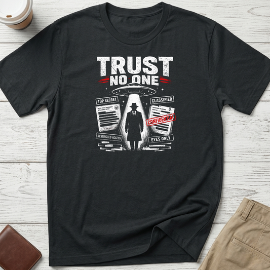 Trust No One graphic t-shirt featuring UFO abduction artwork, classified documents and conspiracy-inspired design on black unisex tee.