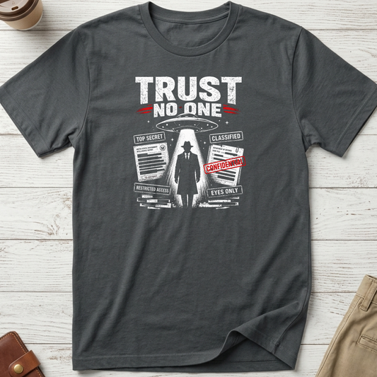 Trust No One graphic t-shirt featuring UFO abduction artwork, classified documents and conspiracy-inspired design on charcoal unisex tee.