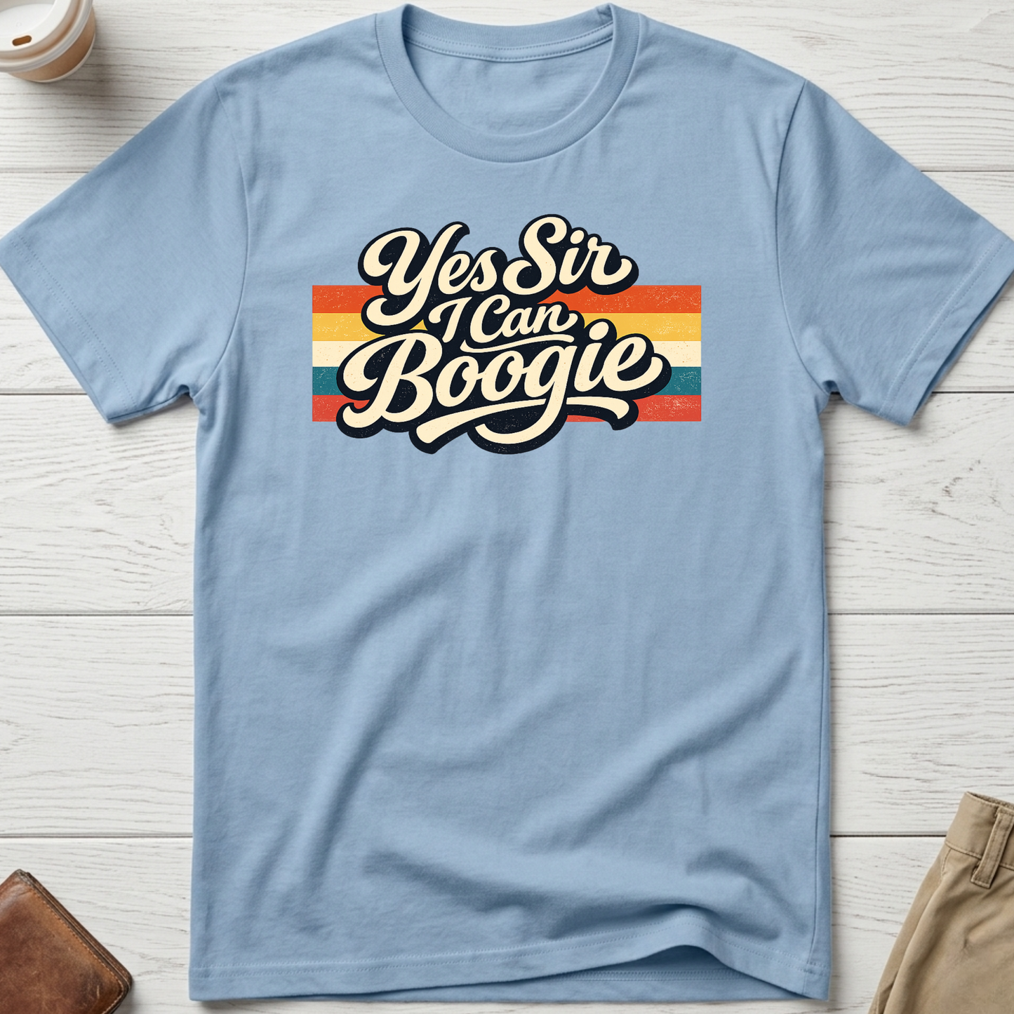 Yes Sir I Can Boogie retro graphic t-shirt featuring vintage typography with colourful 70s-inspired stripes on a blue unisex tee.
