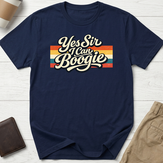 Yes Sir I Can Boogie retro graphic t-shirt featuring vintage typography with colourful 70s-inspired stripes on a navy unisex tee.