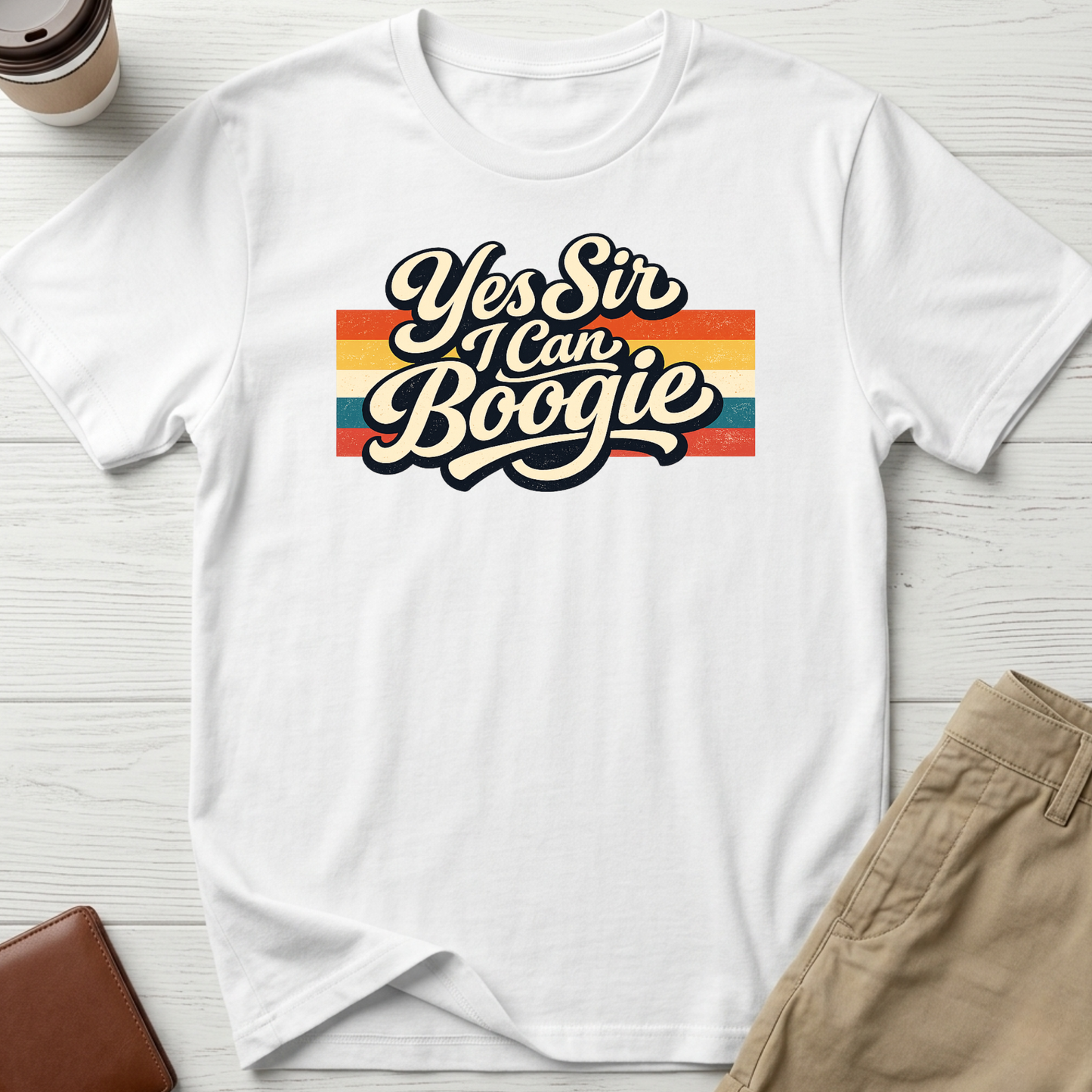 Yes Sir I Can Boogie retro graphic t-shirt featuring vintage typography with colourful 70s-inspired stripes on a white unisex tee.